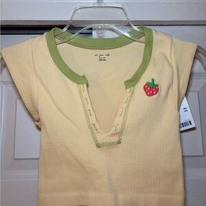 Urban Outfitters Yellow Shirt with Green Trim and Strawberry Patch